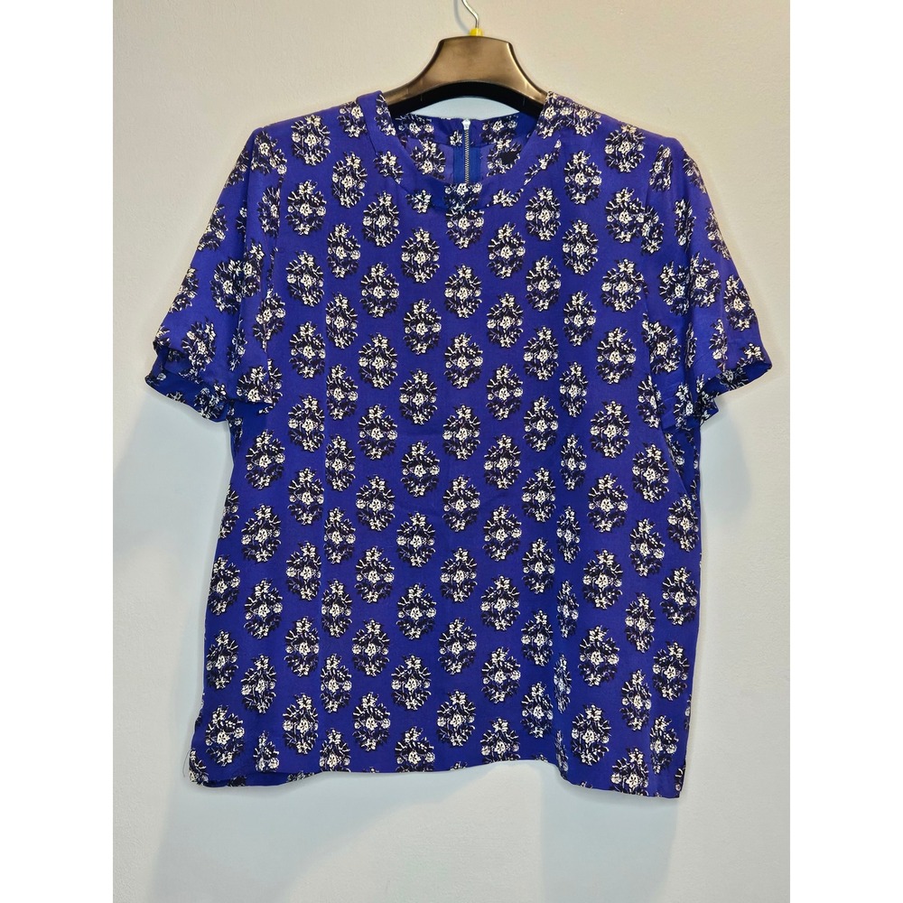 Madewell 100% Silk Floral Medallion Blouse Blue Short Sleeve Zip Back Large